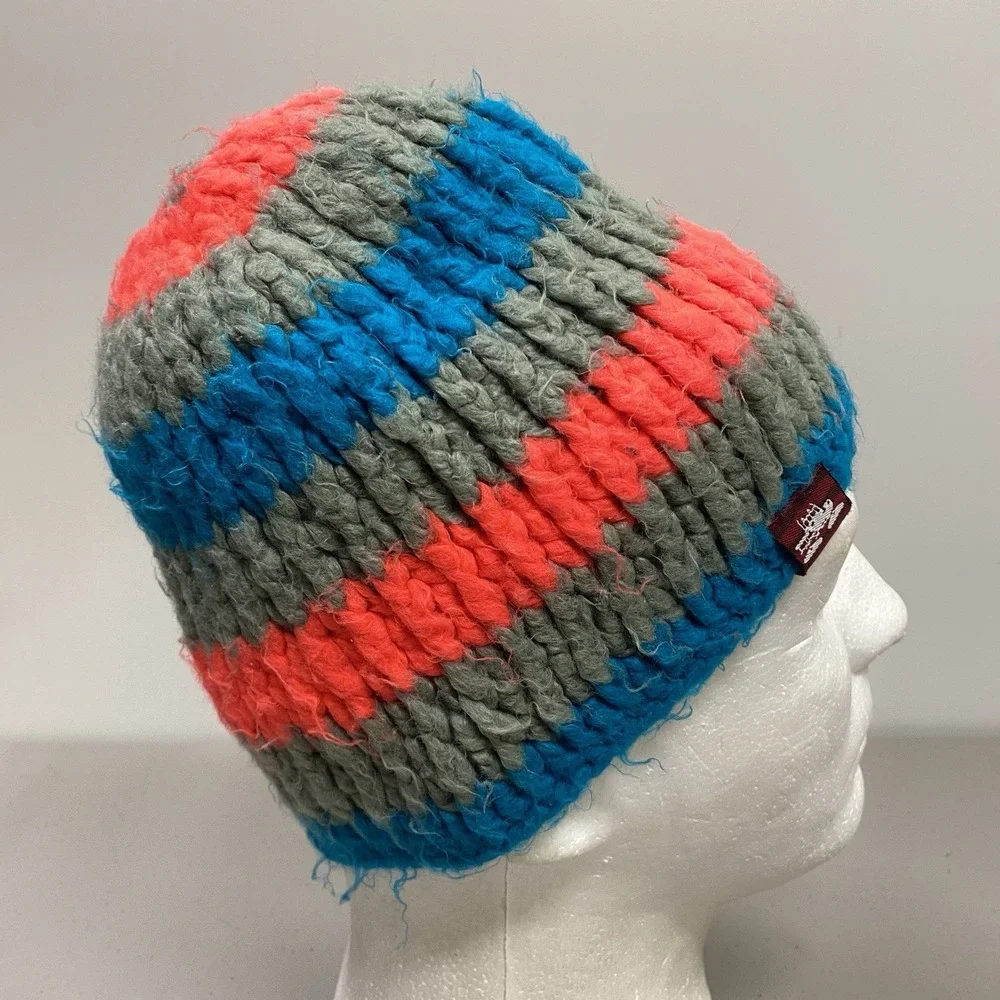 Spacecraft Neon Pink & Blue Stripe Fuzzy Yarn Chunky Knit Ski Beanie Unisex OSFA